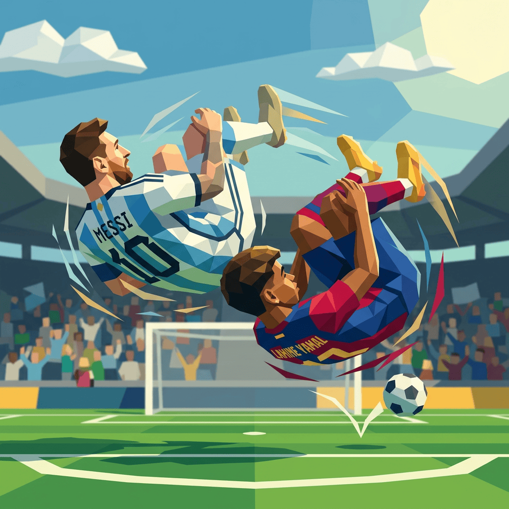 Stylized football scene with Messi and another player attempting bicycle kicks