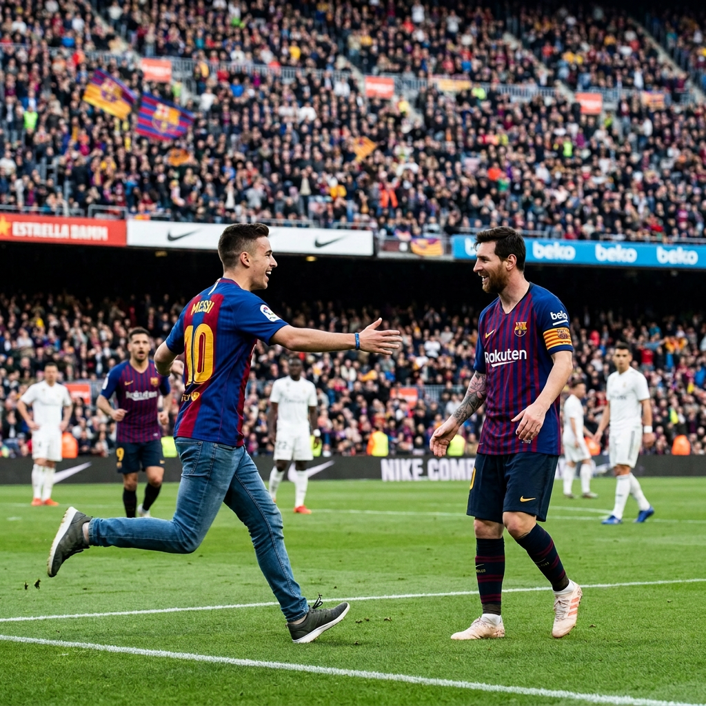 Fan in Messi 10 jersey approaches Barcelona captain Lionel Messi