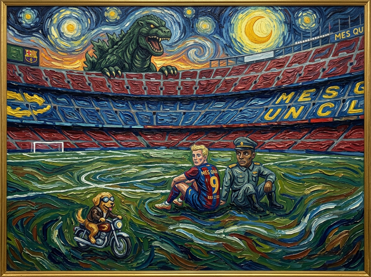 Surreal stadium painting with Godzilla, footballer, officer, dog, and “MES QUE UN CLUB” text